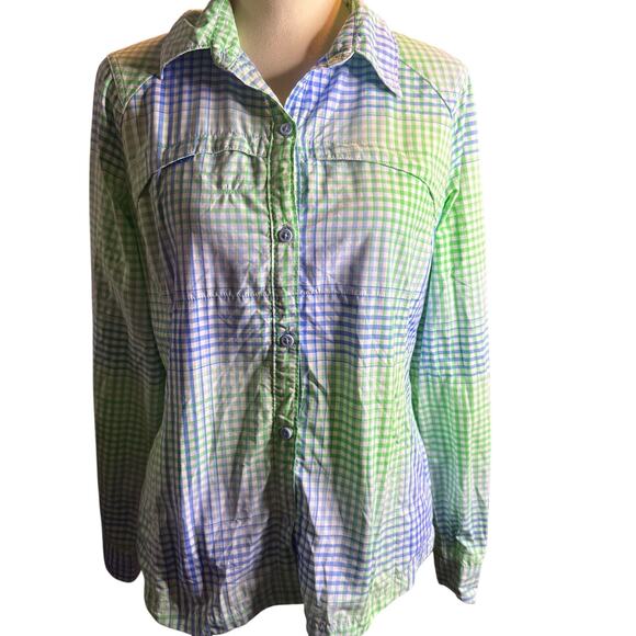 Columbia Tops - Columbia PFG Long Sleeve Vented Fishing Shirt, Gingham Green Blue, Women's Large